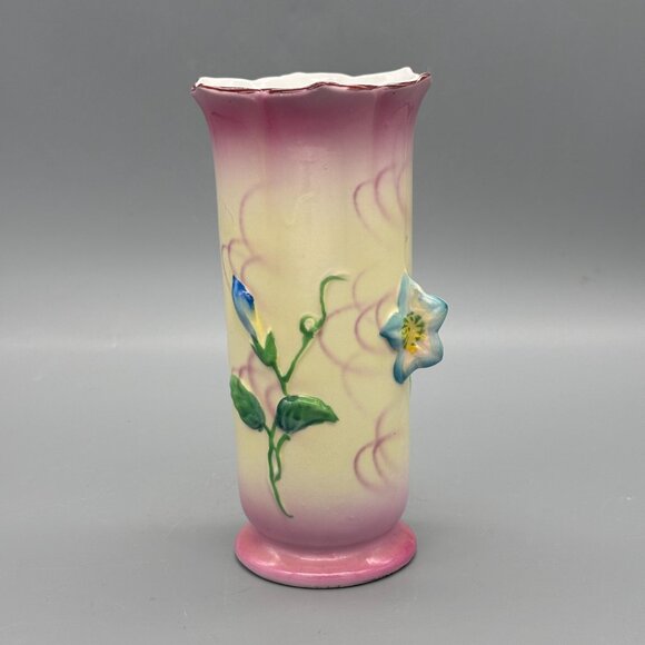 Antique 1920's Trico Nayoga Japan Hand Painted Orange Vase w Flowers 7” Set of 2 - Picture 4 of 8